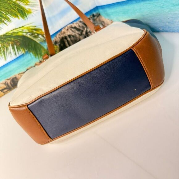 Coach F23683 Leather Legacy Stripe Tote Ivory Navy Brown Shoulder Bag - Picture 5 of 12